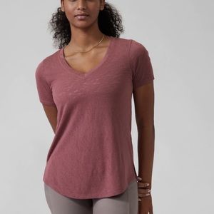 Athleta breezy v neck tee in a cranberryish color